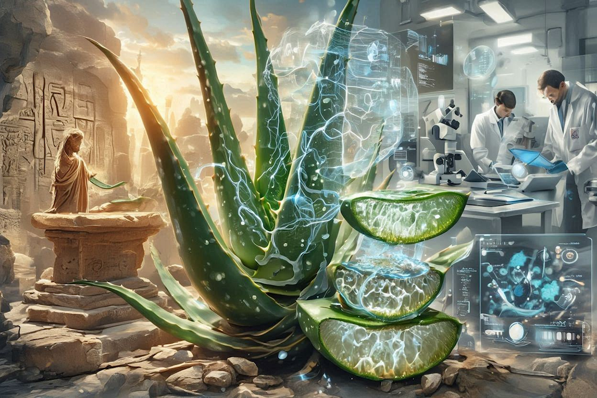 Fresh aloe vera leaves cut open showing the clear inner gel against a green botanical background — representing the digestive wellness compound acemannan inside aloe barbadensis miller