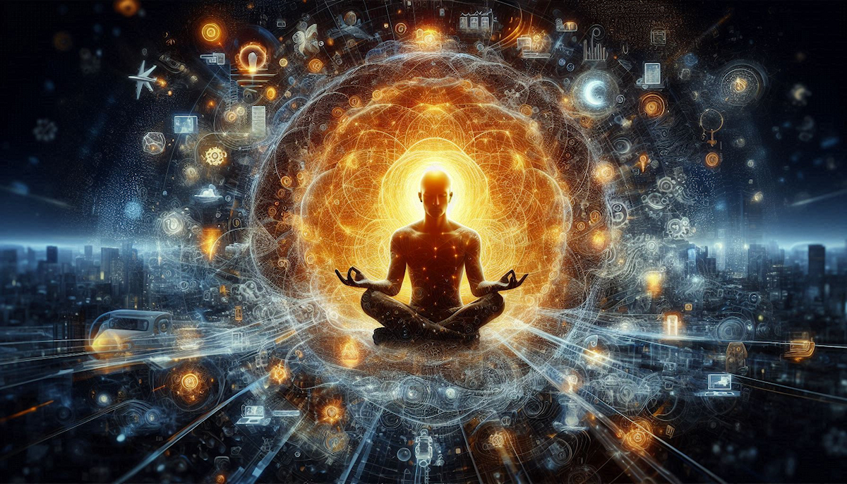A glowing human silhouette meditating in lotus position surrounded by swirling golden light and digital symbols — representing mindful living in the modern age