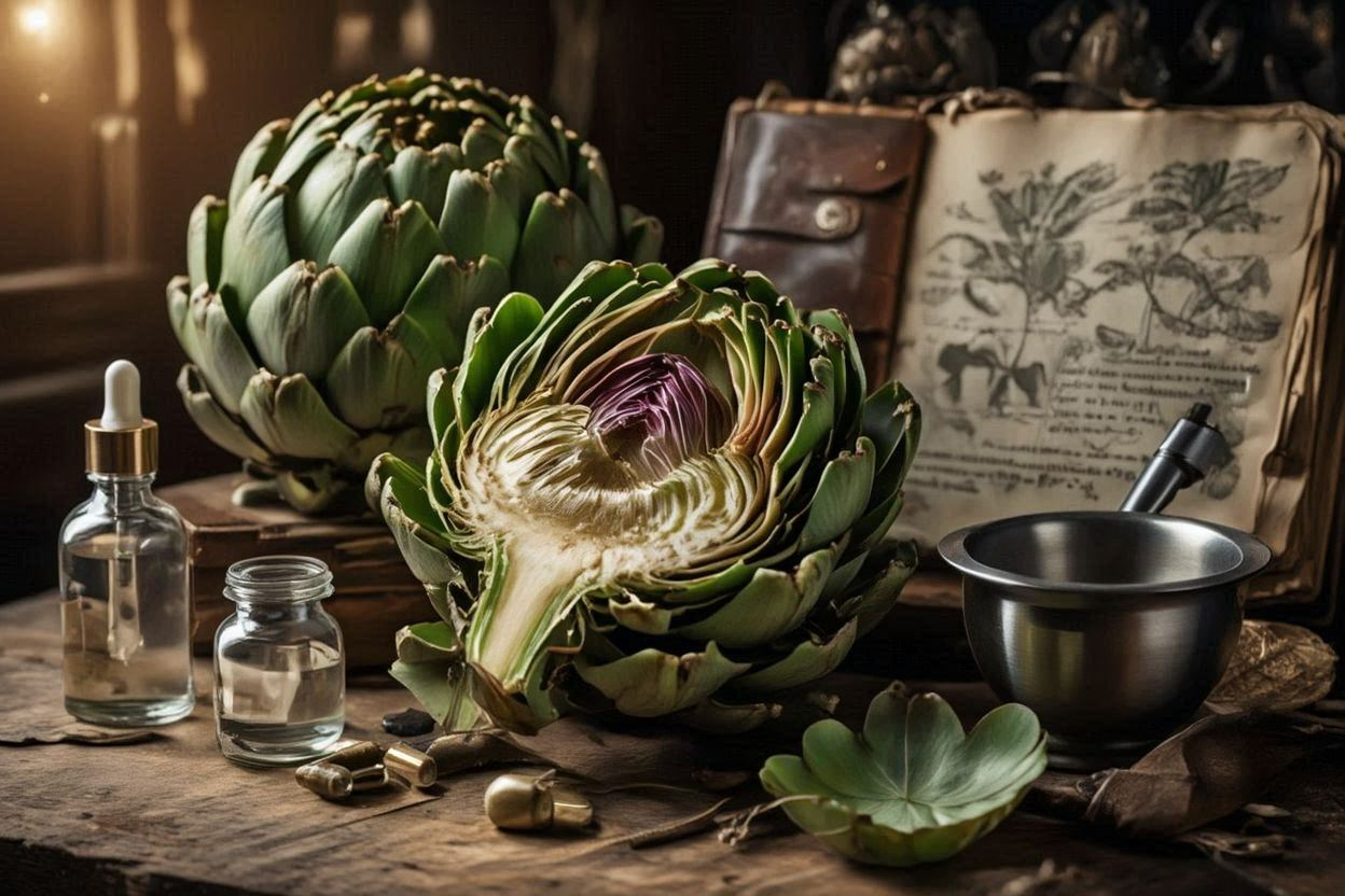 Fresh artichoke heads with leaves on a rustic wooden surface alongside artichoke leaf extract — representing the cynarin-rich botanical used for liver detox and bile support