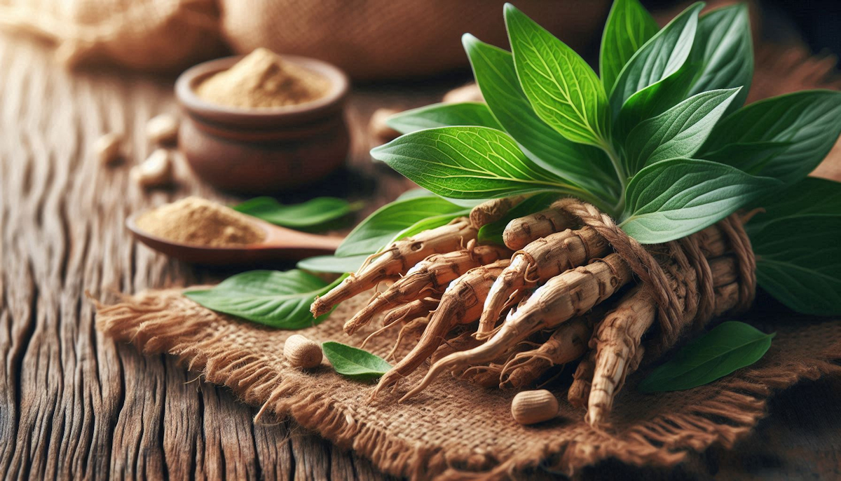 Ashwagandha (Withania somnifera) plant with orange berries and dried root powder on a natural surface — representing the Ayurvedic adaptogen with documented cortisol and hormonal benefits