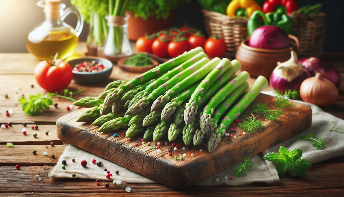Fresh green asparagus spears with roots on a white surface — representing the highest folate vegetable with prebiotic inulin and saponins documented for female hormonal support
