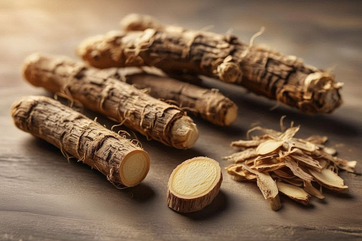 Dried astragalus root slices (huang qi) on a natural surface with fresh astragalus plant — representing the centuries-old TCM immune tonic now confirmed by modern cellular biology