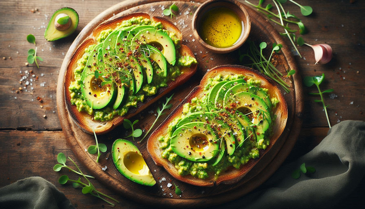 Next-level avocado toast on sourdough topped with hemp seeds, microgreens, red pepper flakes, and a drizzle of olive oil on a wooden board