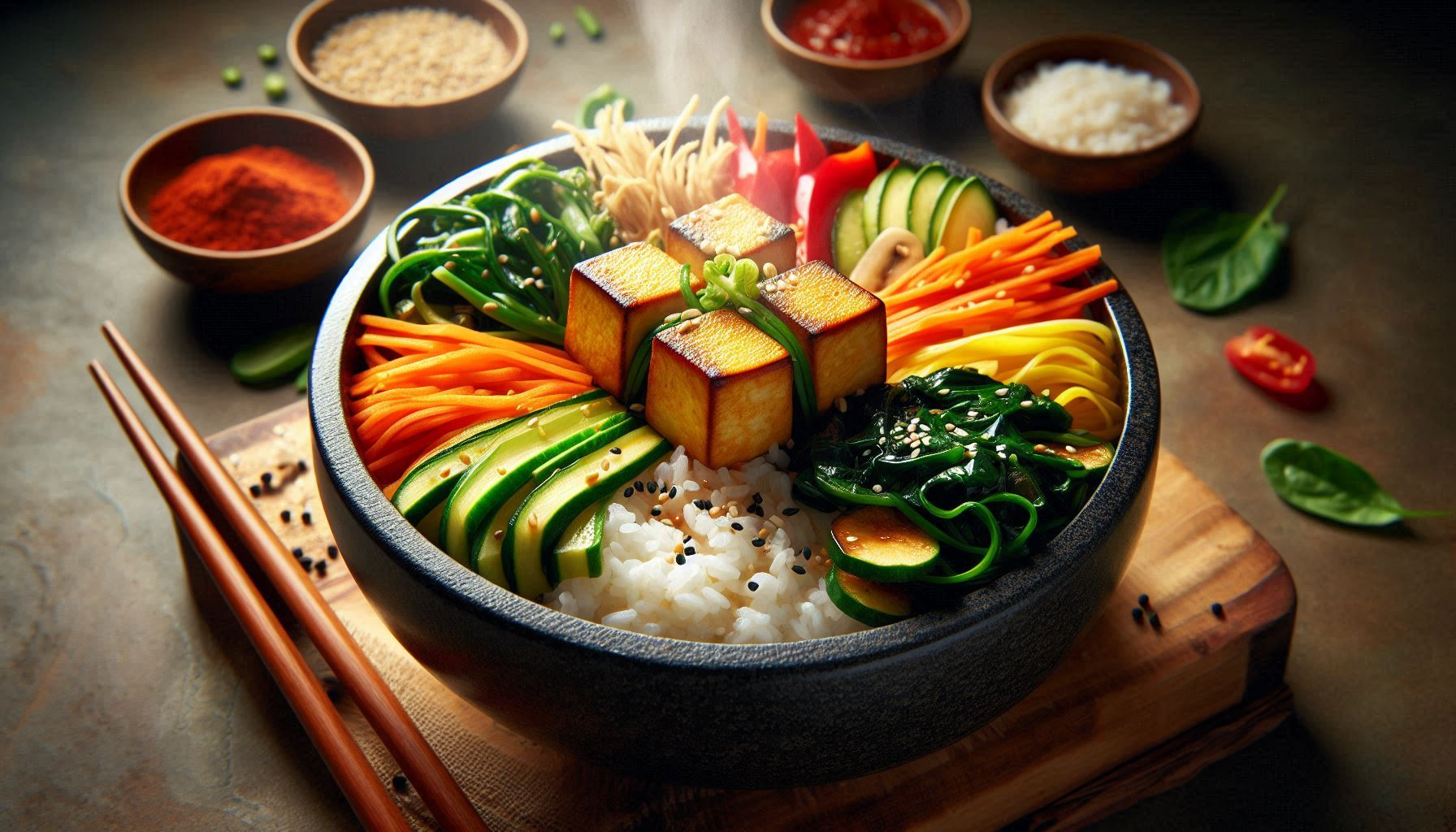 Colorful vegan bibimbap bowl with individually arranged spinach, carrots, zucchini, shiitake mushrooms, bean sprouts, crispy tofu, and gochujang sauce over rice