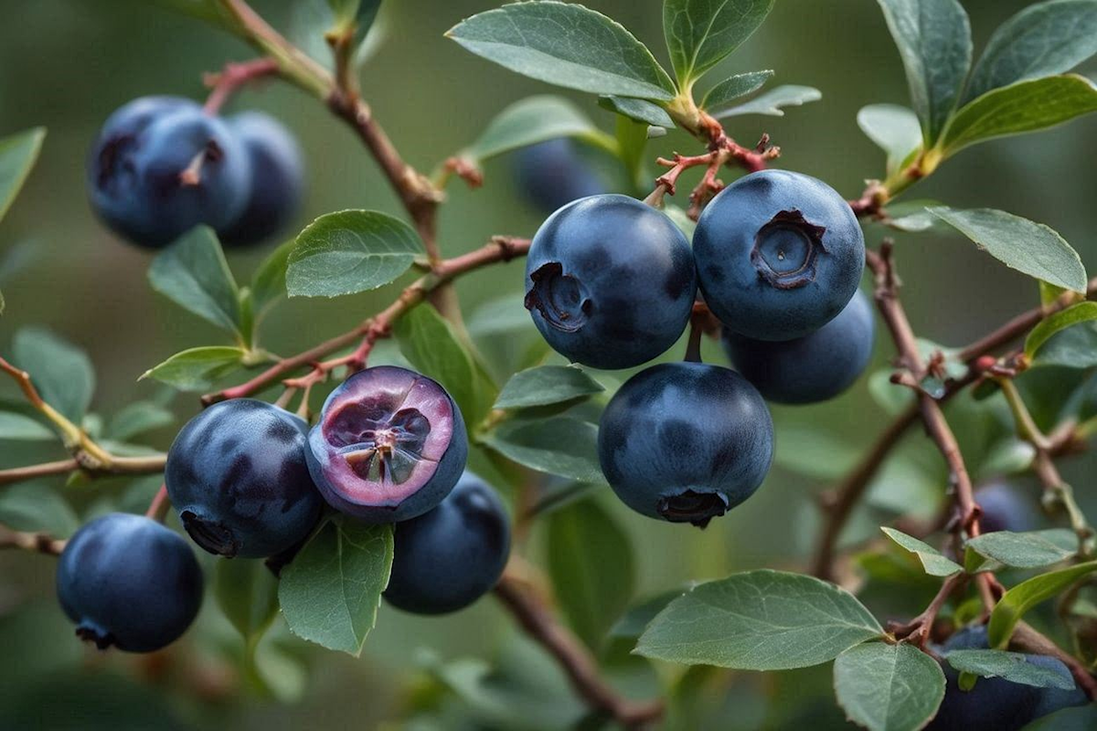Deep blue-purple bilberries (Vaccinium myrtillus) on their bush in a Nordic forest — representing the highest-anthocyanin berry with documented vision and cognitive benefits