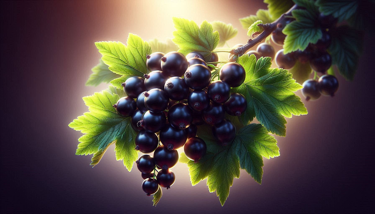 Clusters of deep purple-black currant berries on their stems with green leaves — representing the vitamin C and anthocyanin rich Ribes nigrum used for immune and respiratory support
