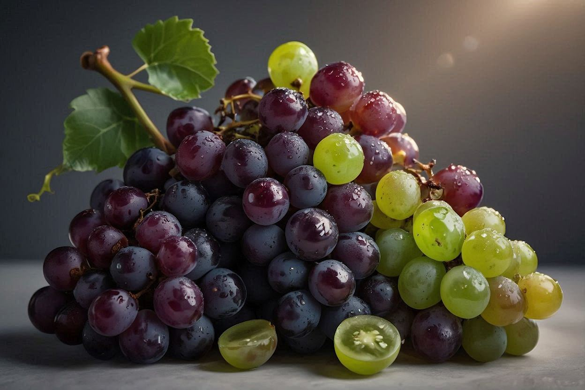 Dark purple black grapes with grape seeds and grape seed oil on a wooden surface — representing the OPC-rich extract with documented collagen protection and vascular benefits