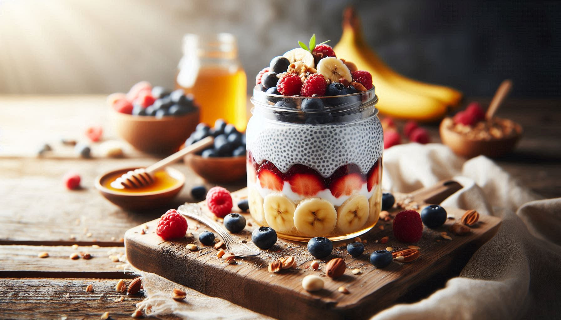 Vanilla mango chia pudding in a glass jar layered with golden mango puree topped with fresh mango pieces, toasted coconut flakes, and fresh mint leaves