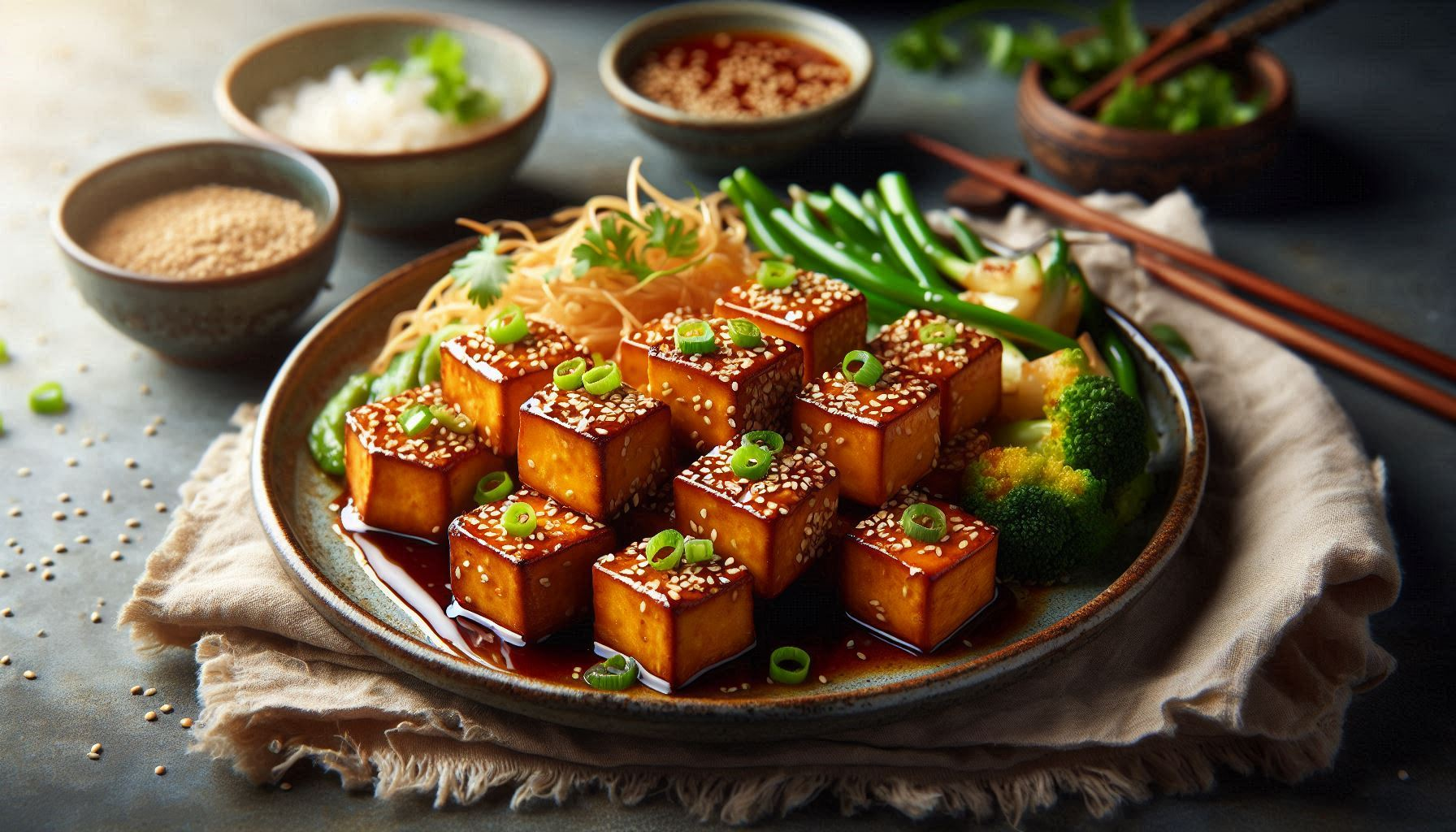 Crispy golden sesame ginger tofu cubes garnished with sesame seeds and scallions served over brown rice with steamed broccoli