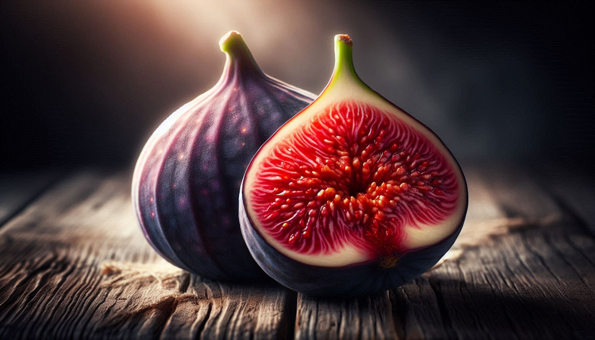 Fresh and dried figs cut open to show their red interior alongside fig leaves on a Mediterranean surface — representing the ancient nutritional powerhouse used across cultures for vitality support
