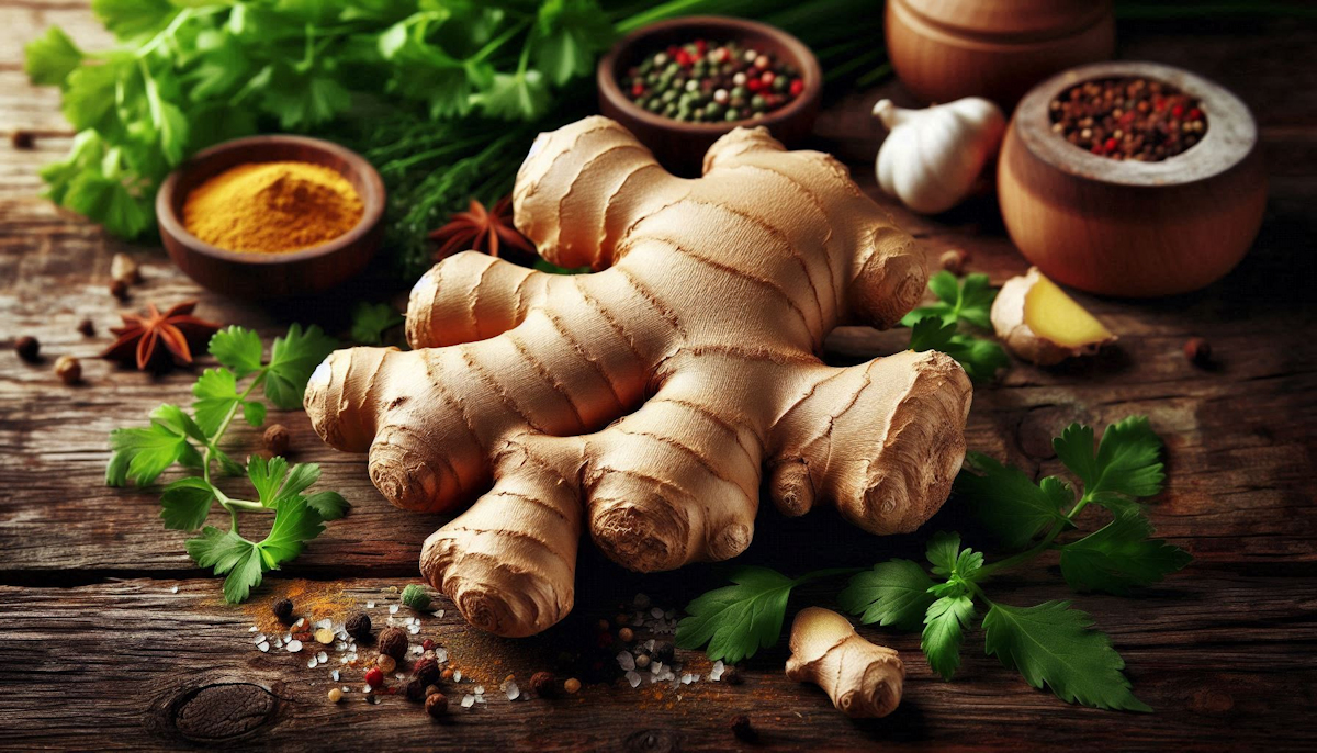 Fresh ginger root sliced and whole alongside dried ginger powder on a wooden surface — representing the gingerol and shogaol-rich botanical with documented joint pain and anti-inflammatory effects