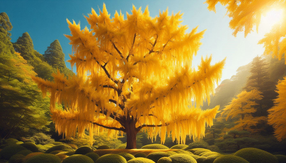 A magnificent golden ginkgo biloba tree in full autumn color glowing in sunlight against a blue sky surrounded by lush green landscape