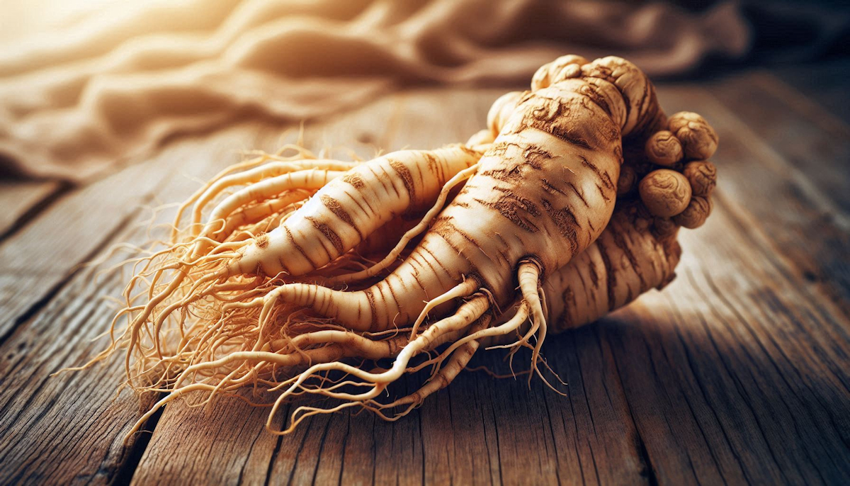 A mature Panax ginseng root with its characteristic human-like forked shape alongside fresh ginseng leaves — representing the most extensively studied botanical in Asian medicine