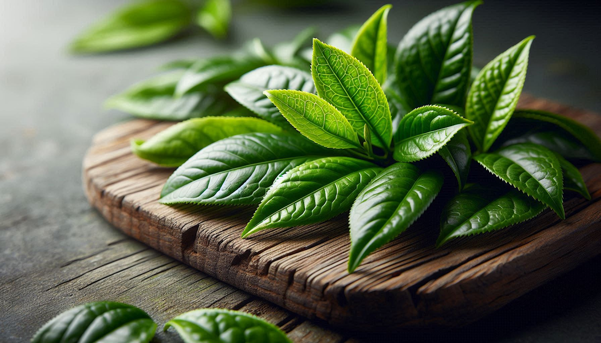 Fresh green tea leaves (Camellia sinensis) with a traditional tea bowl of brewed green tea in soft natural light — representing the EGCG-rich botanical with documented respiratory and cognitive benefits
