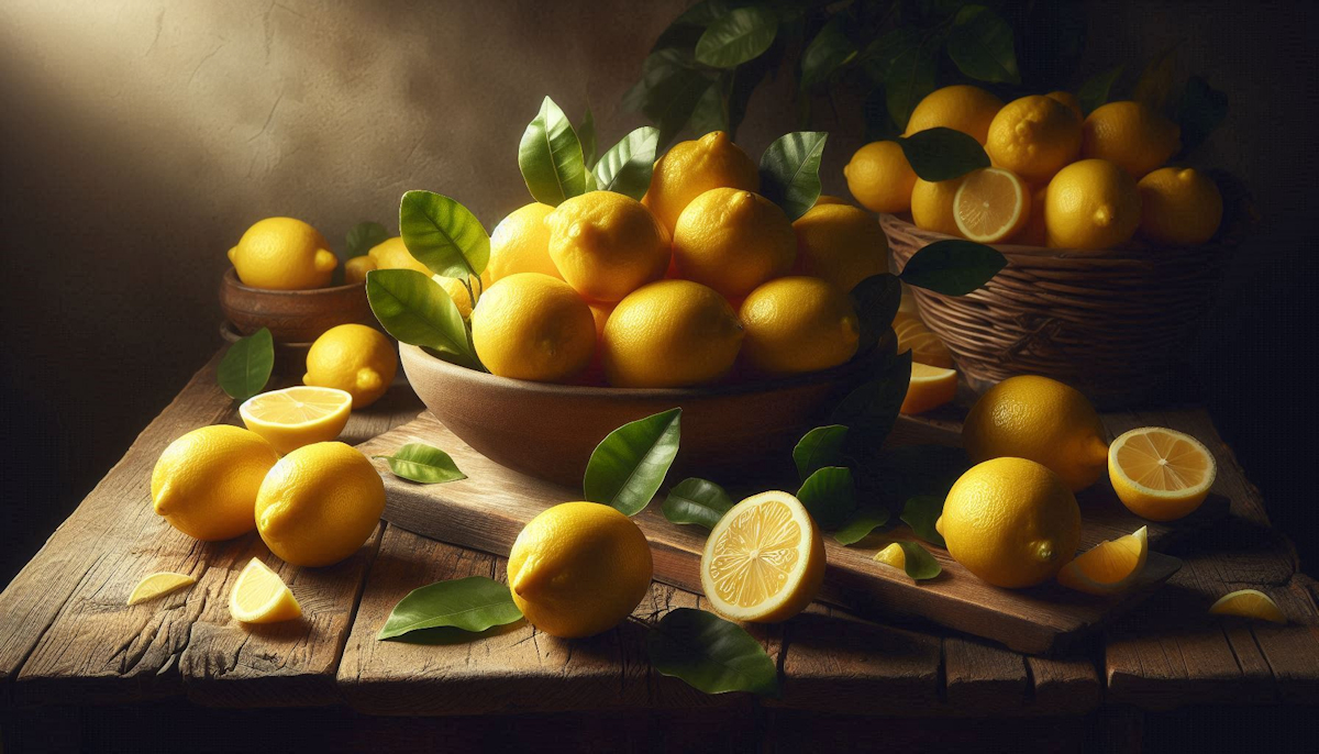 Fresh lemons whole and sliced with lemon zest and juice on a bright white surface — representing the d-limonene, hesperidin, and vitamin C rich citrus fruit with documented liver and kidney benefits