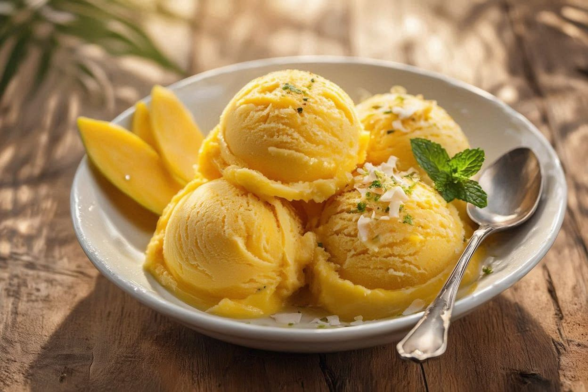 Scoops of golden mango nice cream in a bowl topped with fresh mango chunks, toasted coconut flakes, and fresh mint — dairy-free and naturally sweet