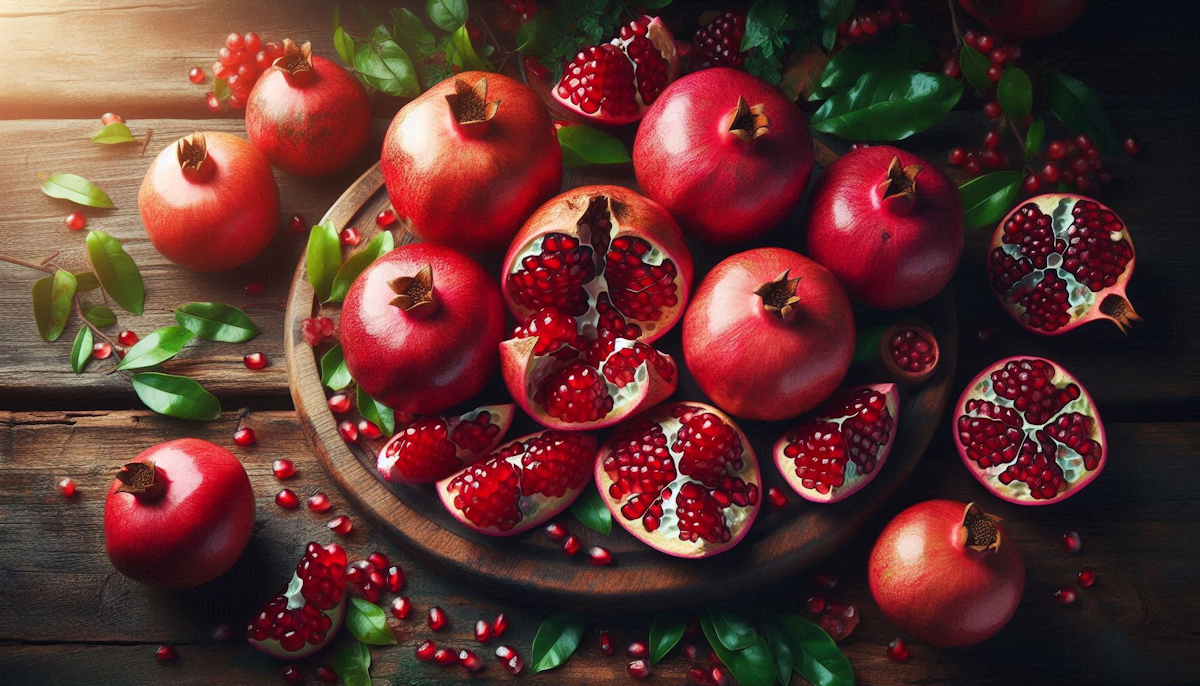A pomegranate cut open to reveal its ruby red arils alongside pomegranate juice — representing the punicalagin-rich fruit with documented testosterone and vascular benefits