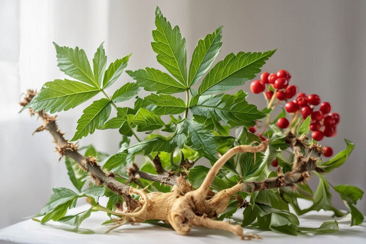 Eleutherococcus senticosus Siberian ginseng root and leaves in natural forest setting — representing the adaptogenic performance botanical used by Soviet athletes and military forces