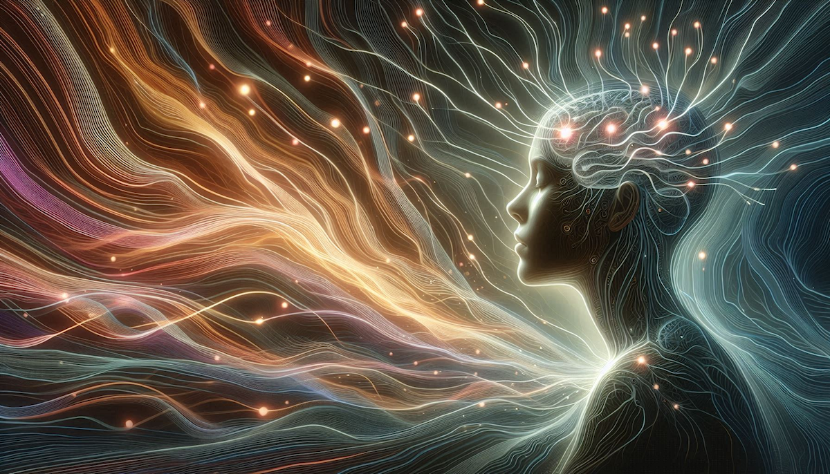 A figure meditating in lotus position surrounded by swirling digital symbols and golden neural light — representing the nervous system under modern digital stress load