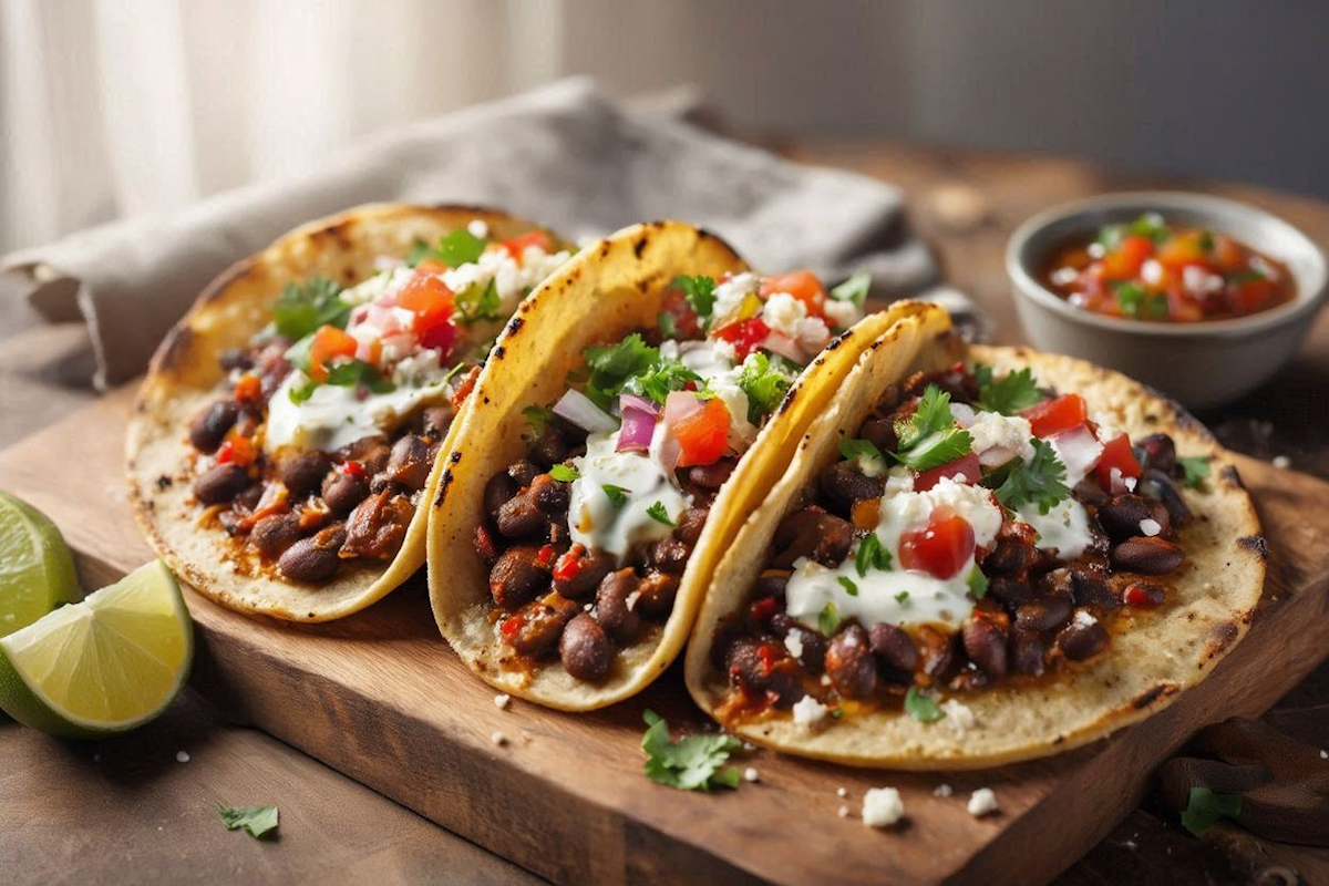 Three spiced black bean street tacos on corn tortillas topped with pico de gallo, sour cream, and fresh cilantro served on a wooden cutting board with lime wedges