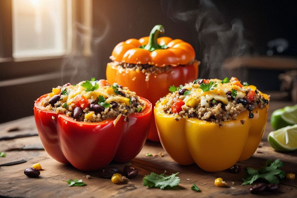 Colorful vegan stuffed bell peppers filled with quinoa, black beans, corn, and tomatoes topped with fresh cilantro and a squeeze of lime