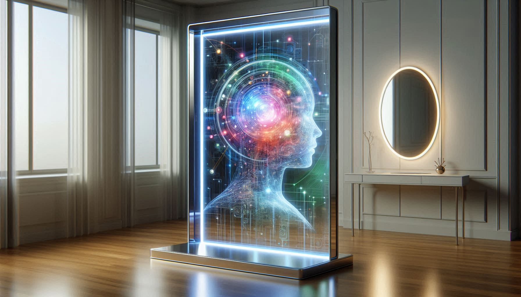 A glowing holographic human head profile with a swirling colorful brain visible inside a futuristic mirror display — representing AI and human consciousness
