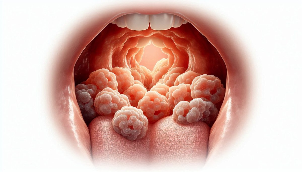 Close-up illustration of the throat and tonsil area showing the formation locations of tonsil stones in the crypts and crevices of tonsil tissue