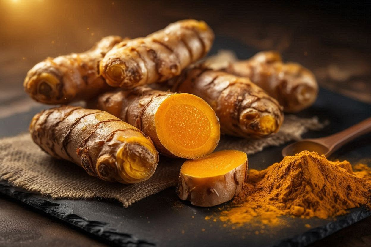 A vibrant golden turmeric root and sliced cross-sections with curcumin powder on a dark surface — representing the ancient botanical and modern cellular science of turmeric