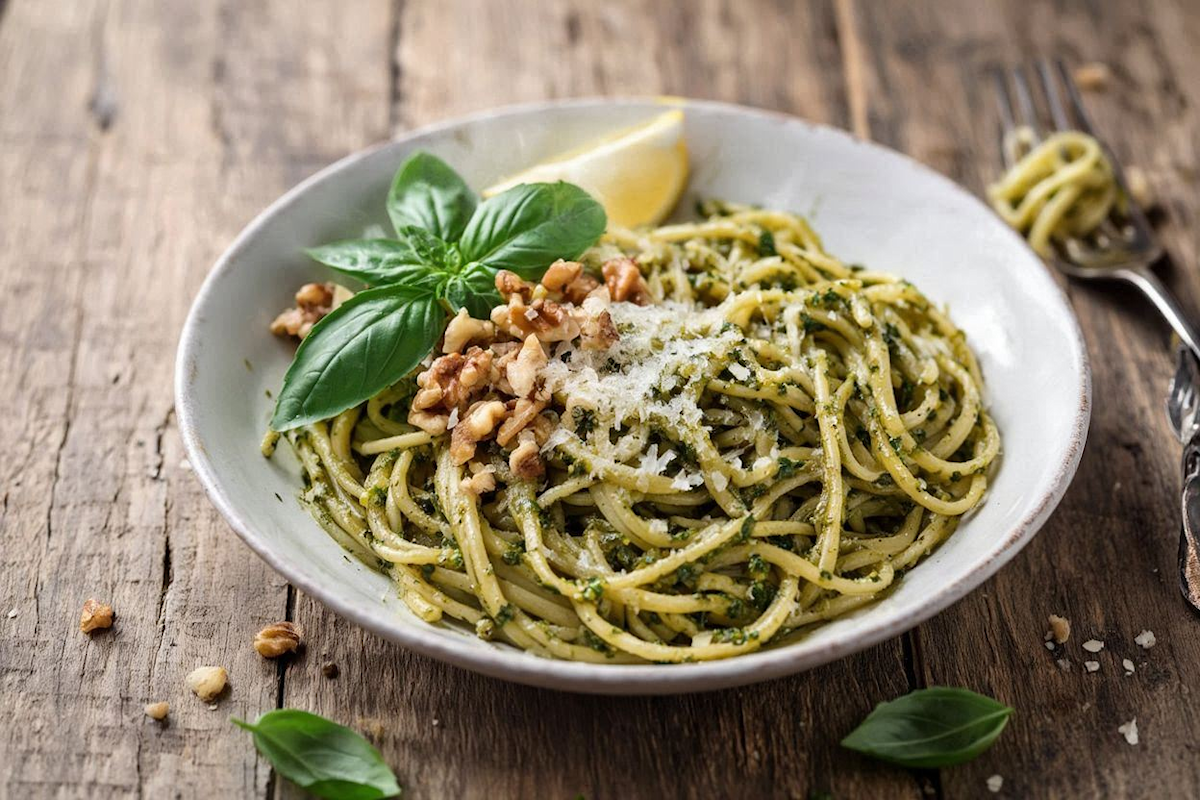 A bowl of spaghetti coated in rich green walnut basil pesto topped with shaved parmesan, fresh basil leaves, crushed walnuts, and a lemon wedge on a rustic wooden surface