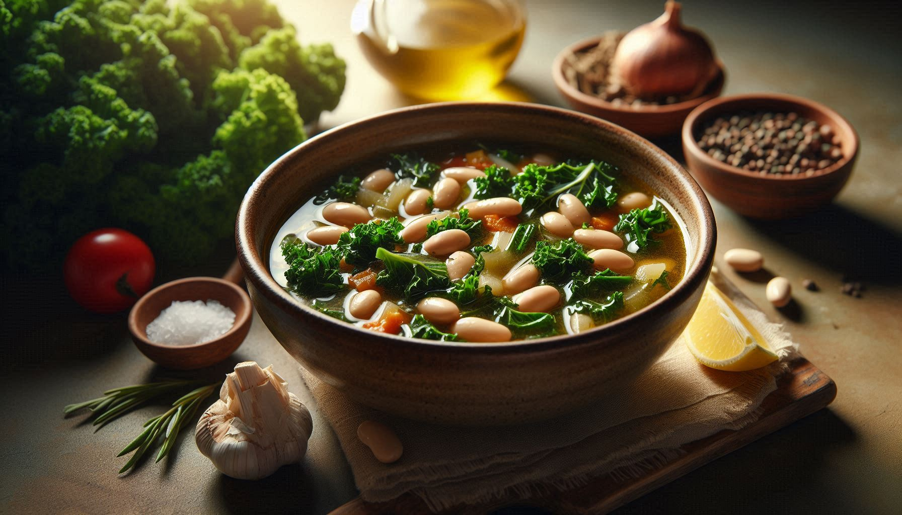 Tuscan white bean and kale soup in a rustic bowl with cannellini beans, lacinato kale, tomatoes, and fresh rosemary in a rich vegetable broth