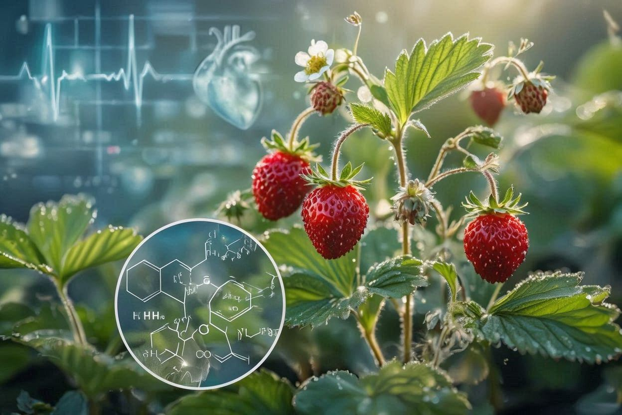Vibrant red wild strawberries on a vine with green leaves in soft natural light — representing the cardiovascular polyphenols and anthocyanins in Fragaria vesca