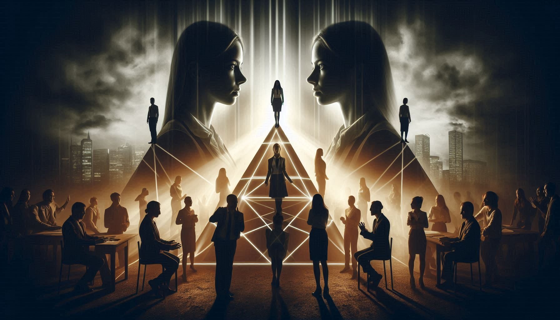 Two silhouetted female faces flanking a glowing pyramid surrounded by business professionals — representing the pyramid scheme vs network marketing debate
