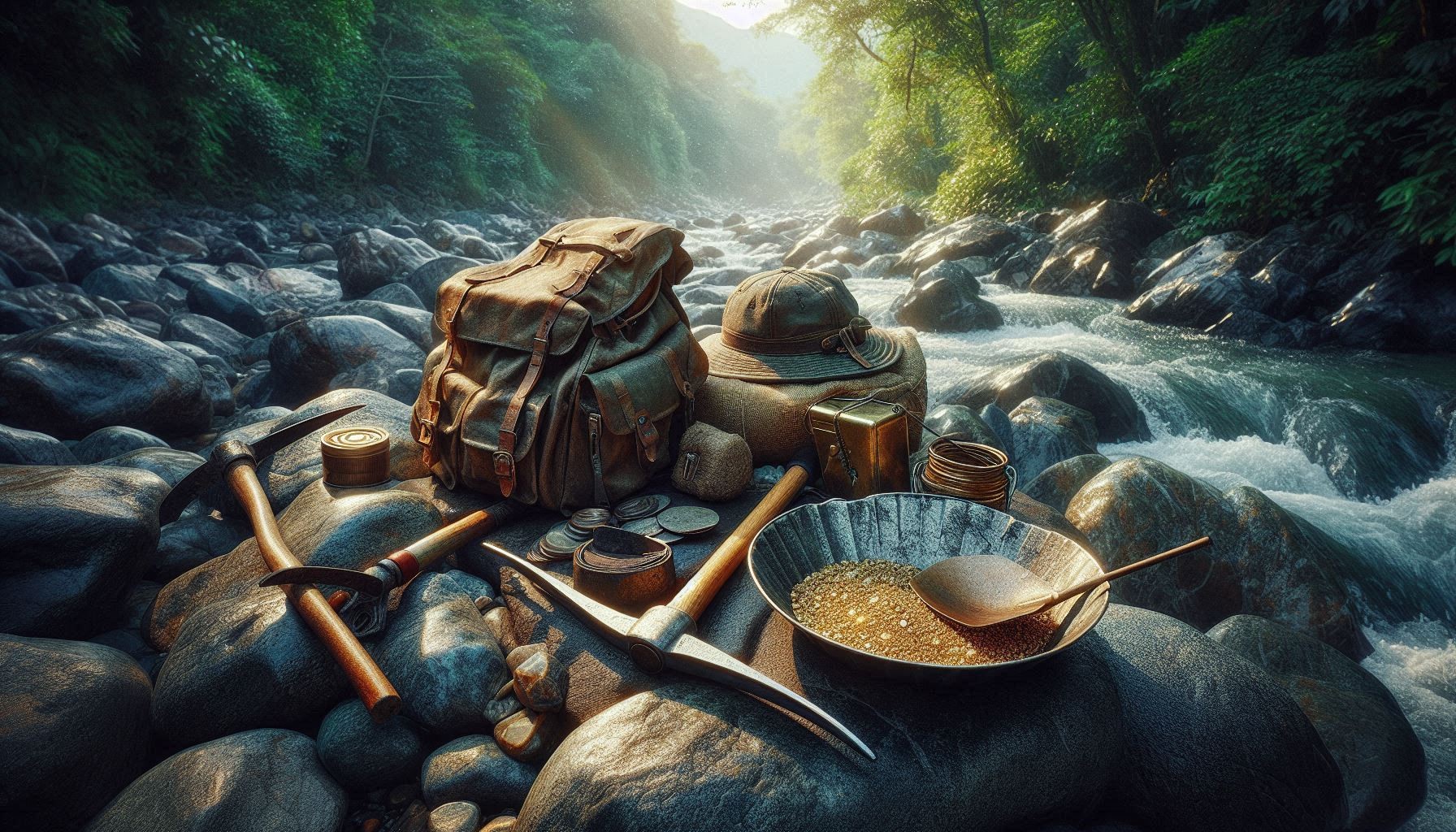 Gold prospecting tools including a mining pan with gold flakes, pickaxe, and backpack alongside a rushing mountain stream in a lush forest