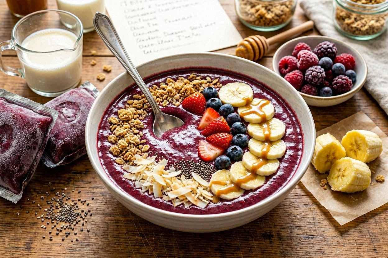 Vibrant acai smoothie bowl topped with fresh berries, banana slices, granola, hemp seeds, chia seeds, coconut flakes, and a drizzle of almond butter
